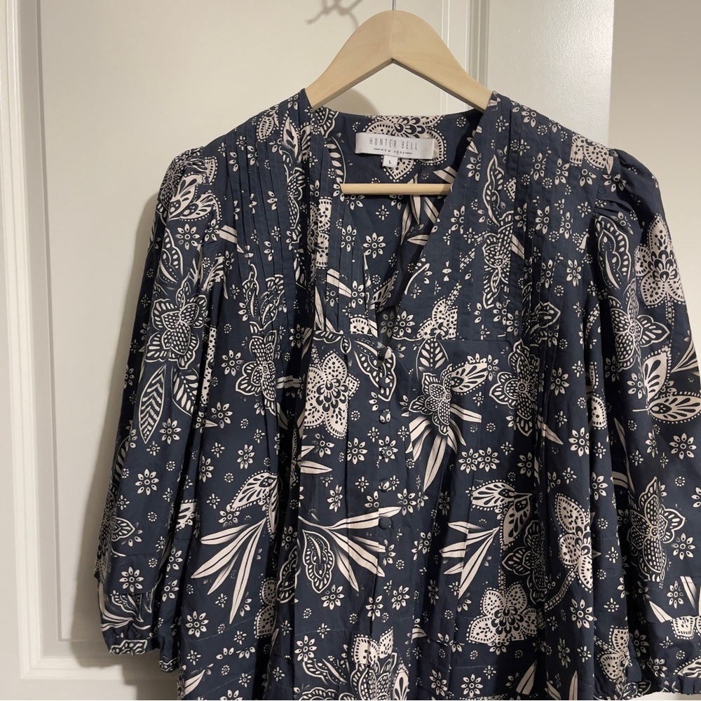 HUNTER BELL jerkins printed floral tunic dress mini L boho cotton beautiful - Picture 6 of 9